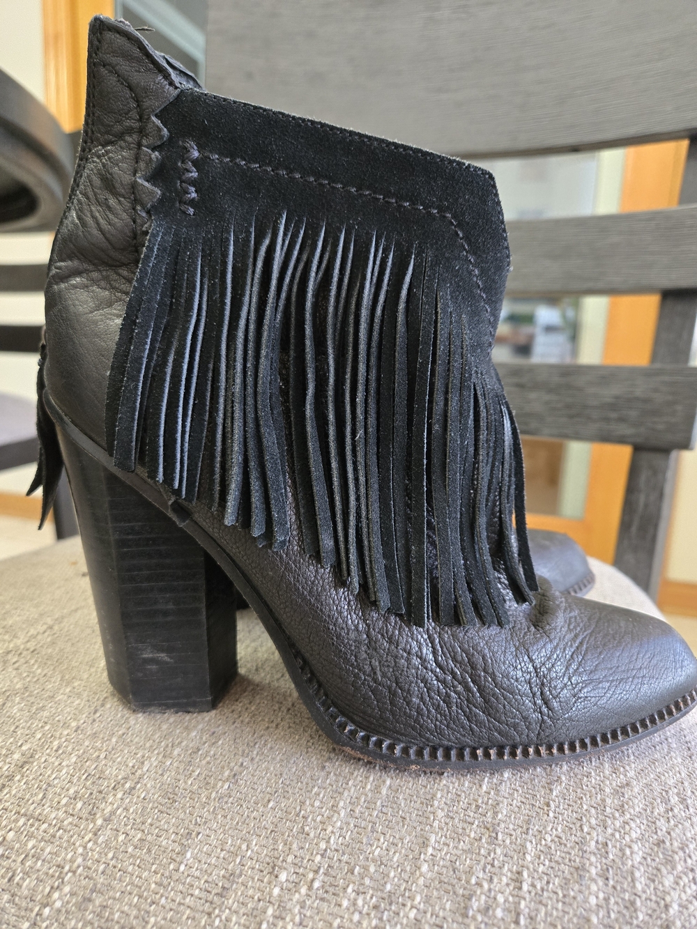 Cynthia Vincent Fringe Leather Ankle Boot - Black Size 8.5